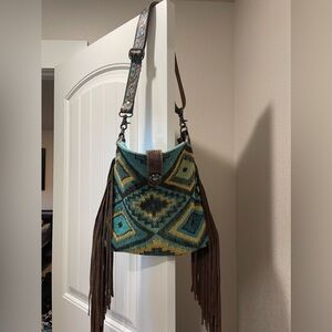 Fringe MYRA boho bag in Turquoise with tooled leather strap